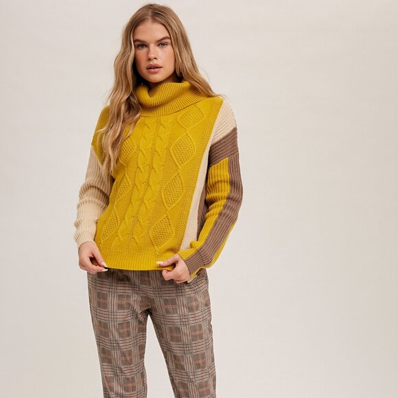 HEM & THREAD Mustard Brown Cream Colorblock Turtleneck Sweater, Chunky Cable - Picture 2 of 9
